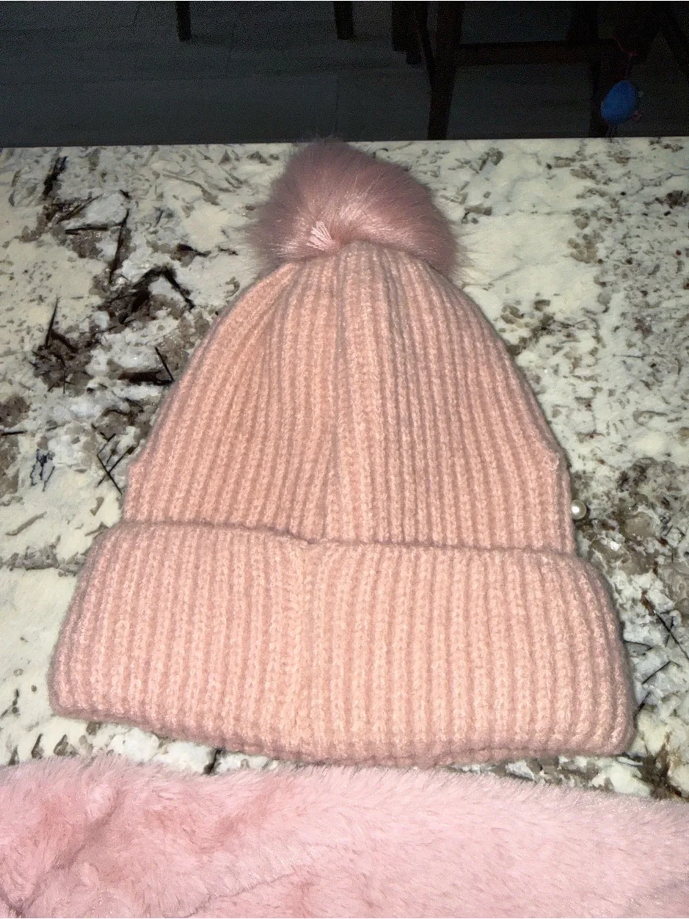 Ralph Lauren Pink Faux-Fur Pom Pom Beanie with Matching Plush Scarf/cowel